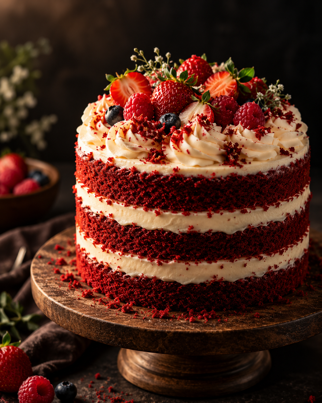 Classic Red Velvet naked-style cake with cream cheese frosting